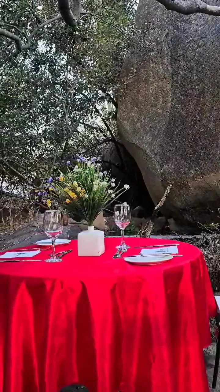 A table set with a red cloth, glasses and flowers among the boulders and trees