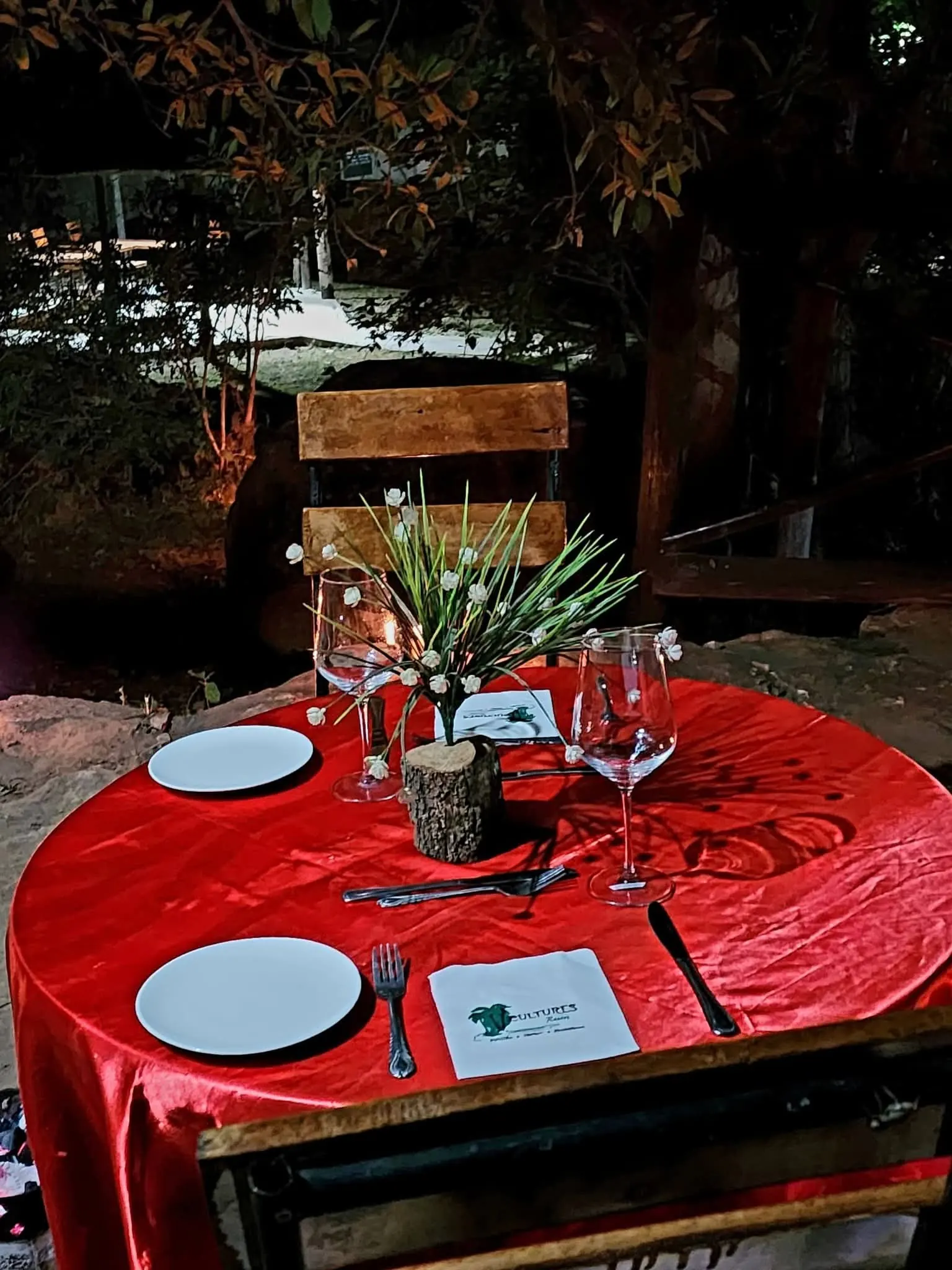 Dinner table set with a red cloth among trees at night