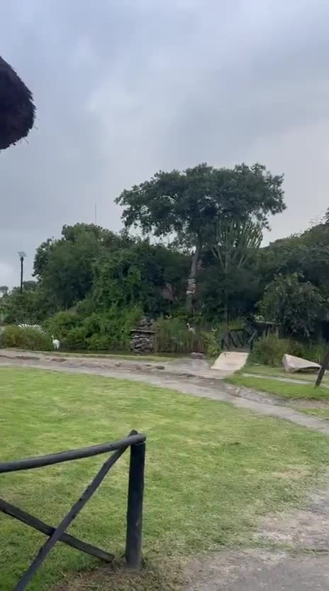 Walking a path past a thatched gazebo, a wooden bridge, the play houses, a stage and the Nyama Grill sign